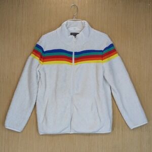 Greater Good White Fleece Zip Up Jacket Rainbow Stripe Sherpa Cozy Womens Medium